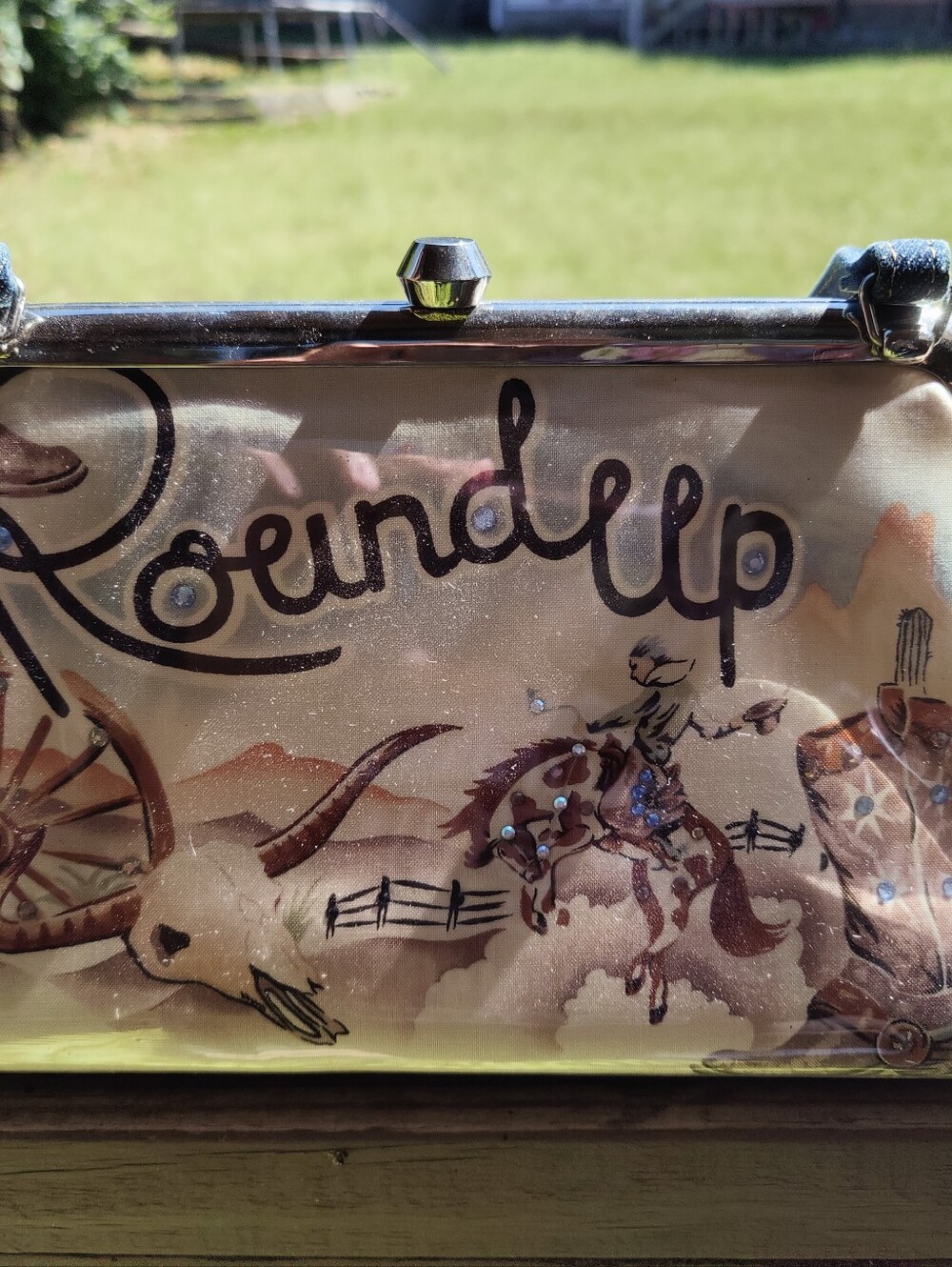 Western Print Shoulder Bag in Beige m.andonia Los Angeles Cloth Covered Vinyl